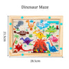 A wooden dinosaur maze puzzle board featuring various dinosaurs and a water-based sorting mechanism for toddlers.