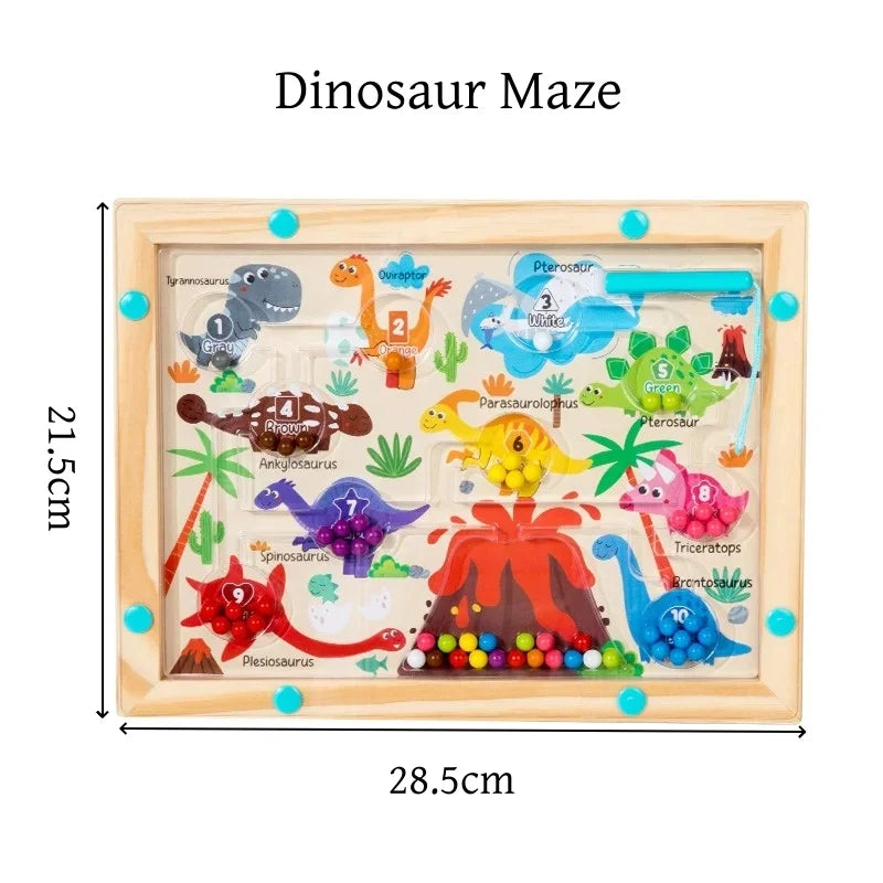 A wooden dinosaur maze puzzle board featuring various dinosaurs and a water-based sorting mechanism for toddlers.