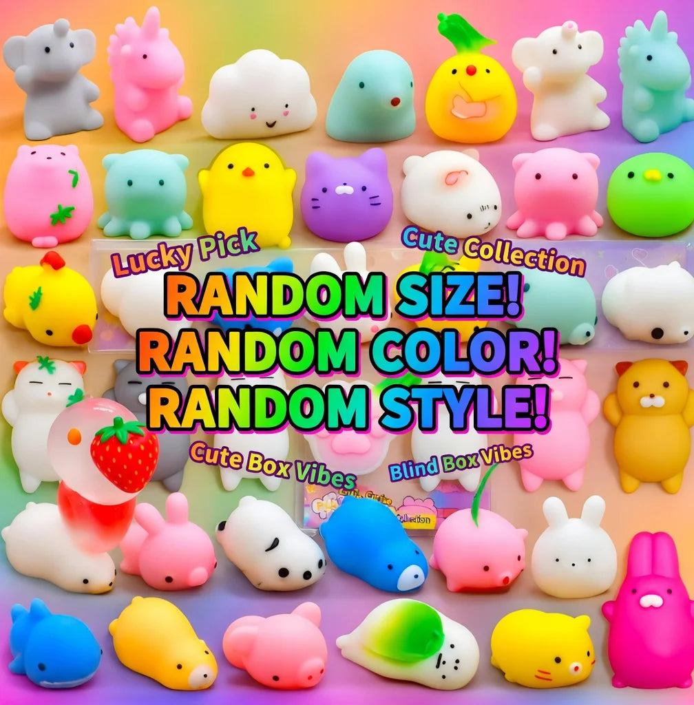 A collection of various squishy fidget toys in different colors and styles.