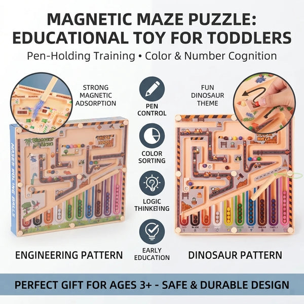 A magnetic maze puzzle featuring a dinosaur pattern and engineering pattern for toddlers.
