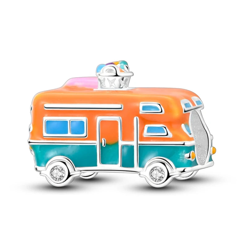 Sterling silver charm bead pendant depicting a colorful van with a key and other elements.