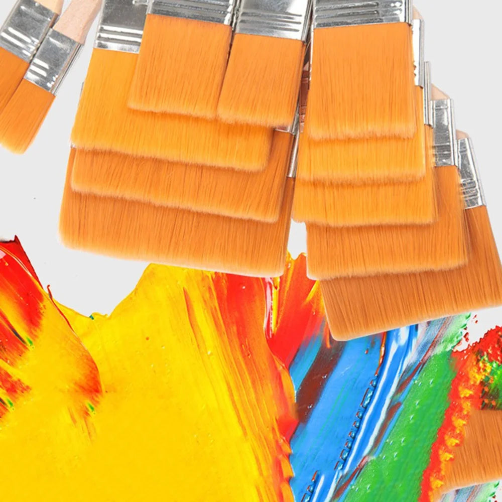 A set of twelve nylon paint brushes with orange and brown bristles displayed against an abstract colorful paint background.