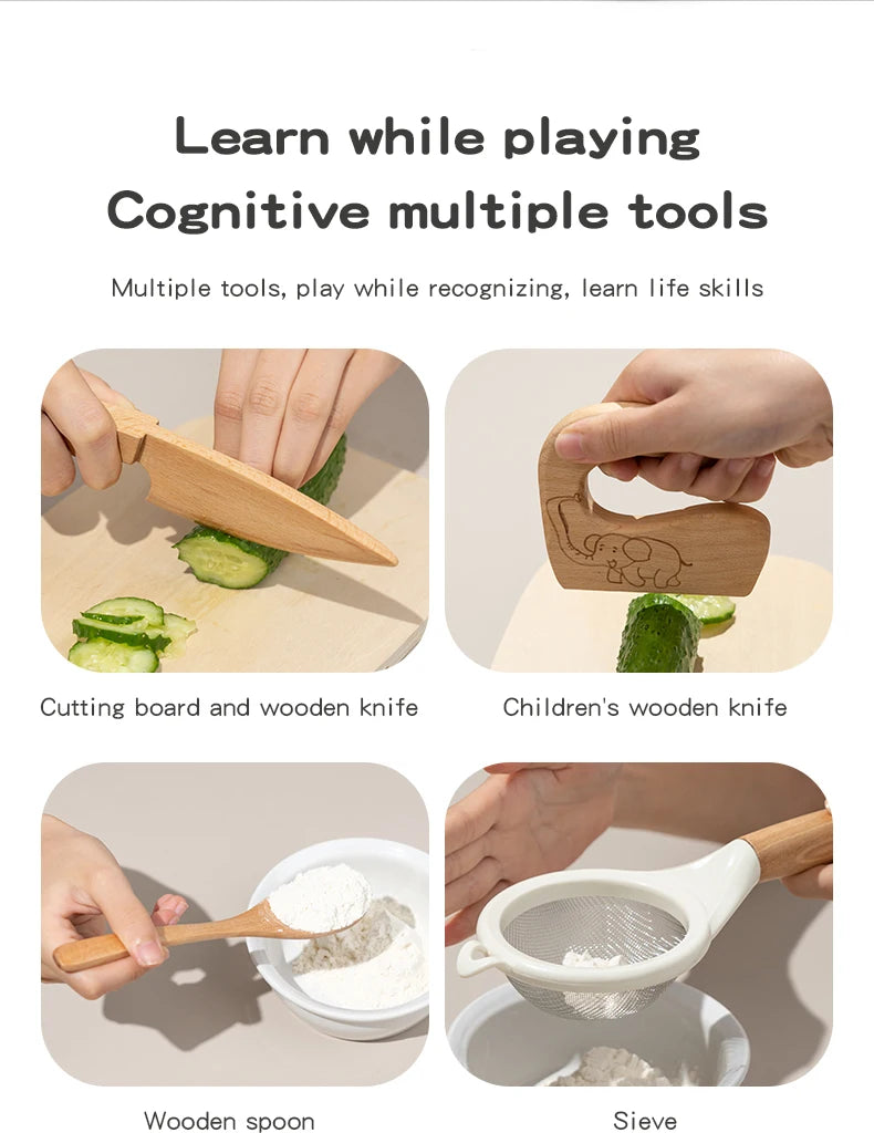 Wooden Kids Safe Knife Set with Baking Tools for Little Chefs