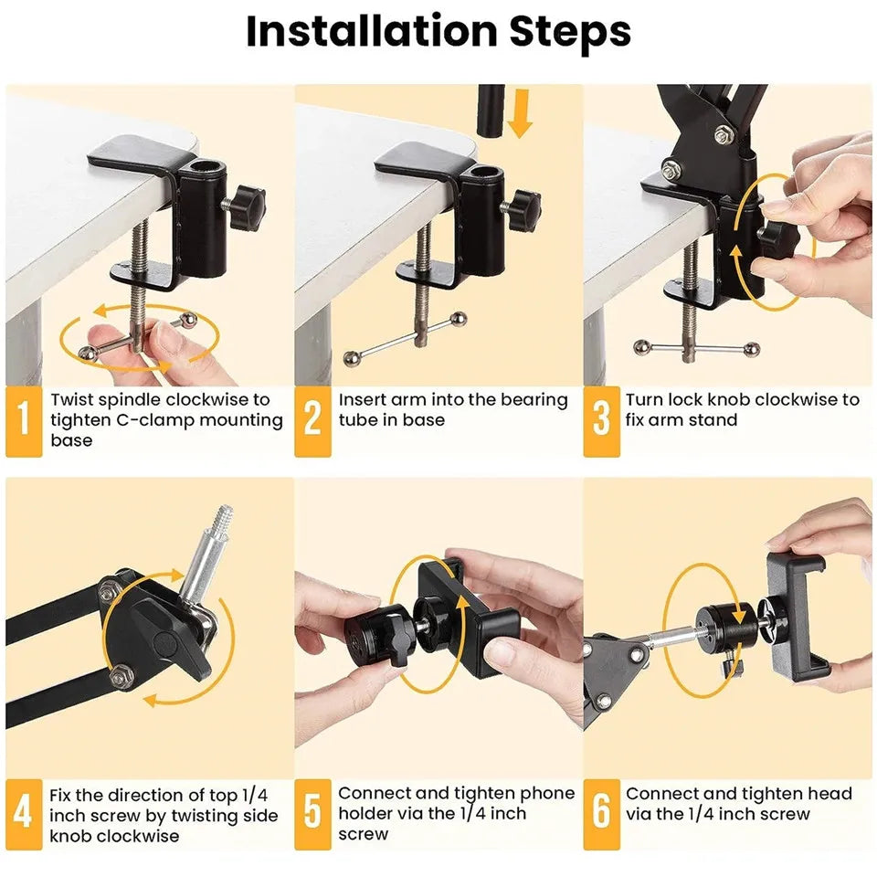 Installation steps showing how to assemble a flexible gooseneck arm tripod with a phone mount