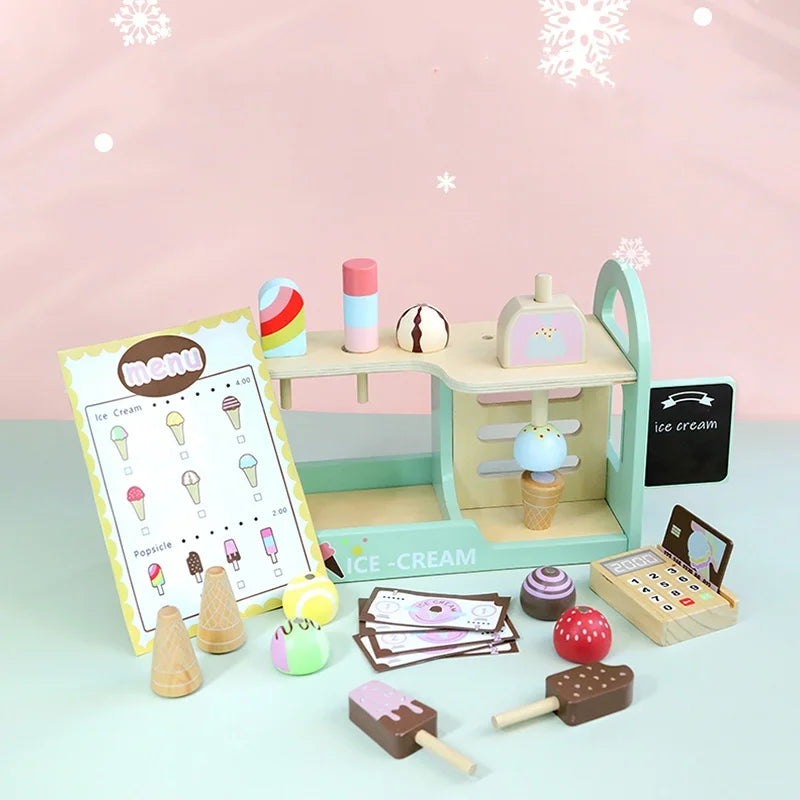 A wooden ice cream counter play set with various ice cream items and tools for children.