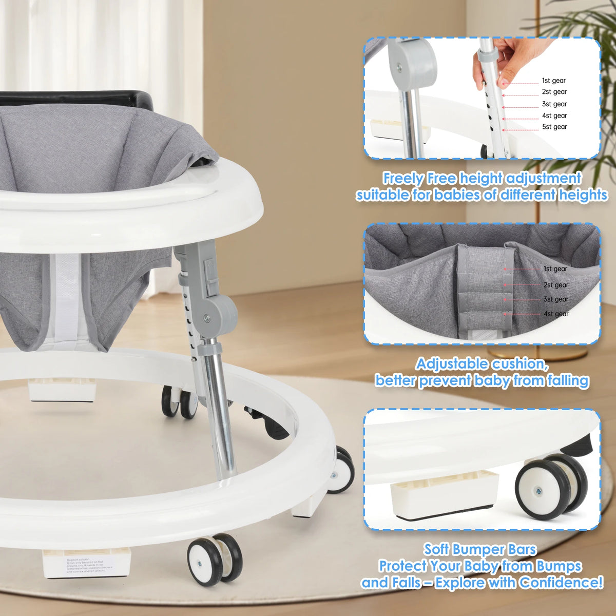Adjustable foldable baby walker with height adjustment and soft bumper bars for safety