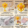 Set aus Silikon-Babyrassel und -Kaupeleinern in Gelb und Rosa mit verschiedenen Details und Verwendungszwecken.