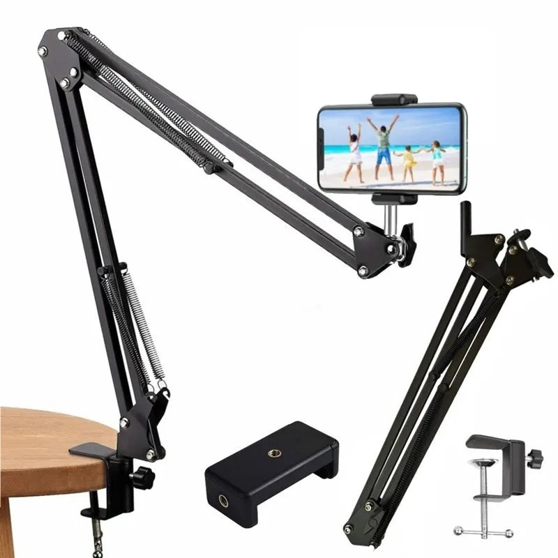 Black flexible gooseneck arm tripod with a phone mount used for filming or photography.