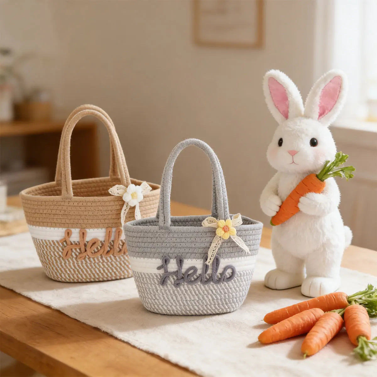 A white rabbit toy holding an orange carrot next to a gray woven tote bag with the word Hello