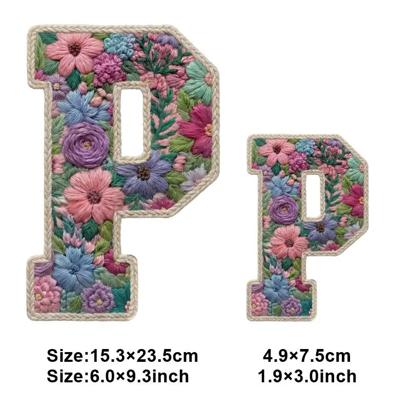 Floral letter P patch made of fabric flowers and greenery for DIY clothing