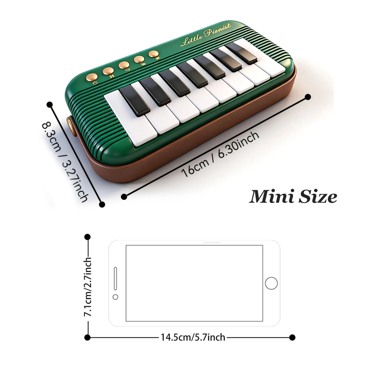 A green mini piano keyboard with black and white keys shown next to a tablet for scale comparison.