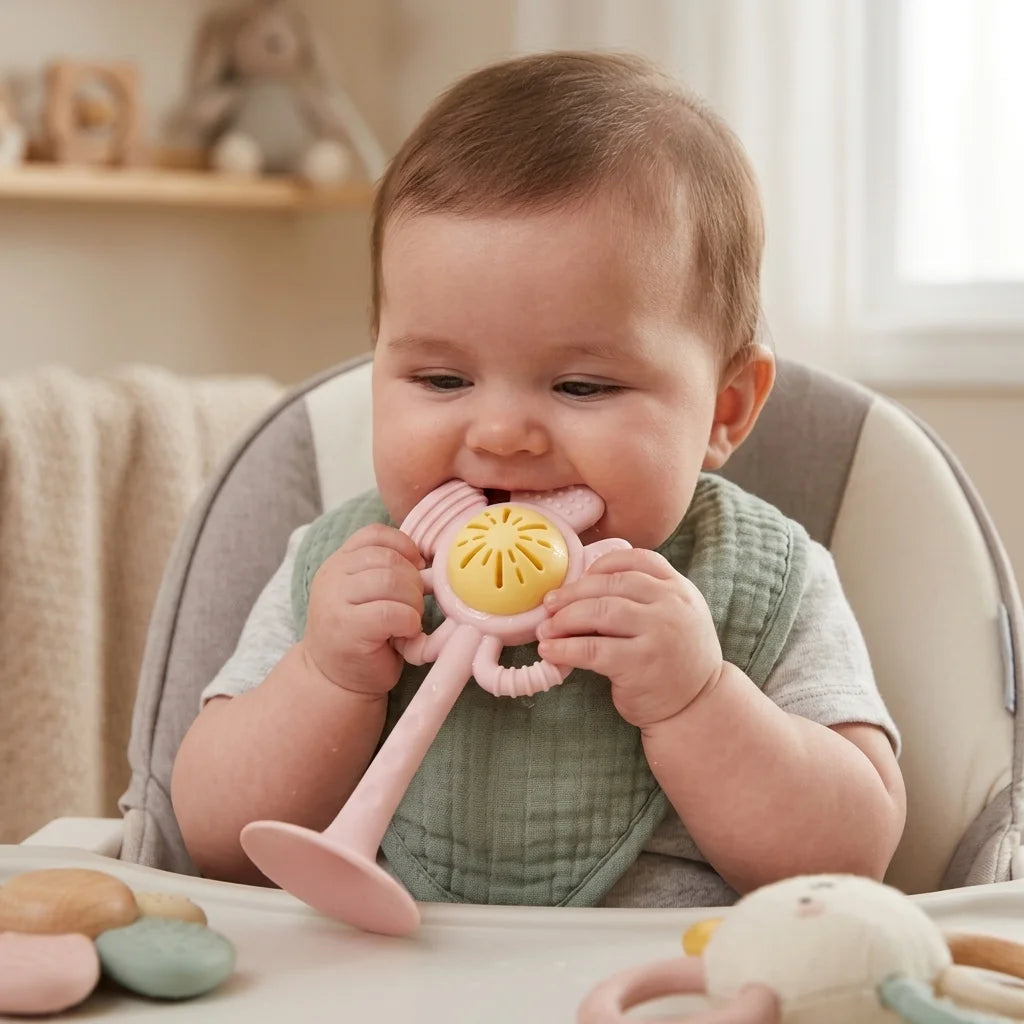 Ein Baby hält ein rosa Silikon-Rassel- und Zahnputzset mit gelben Akzenten.