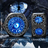 A set of 8 metal spinner dice featuring an eye design, displayed against a dark, moody background.