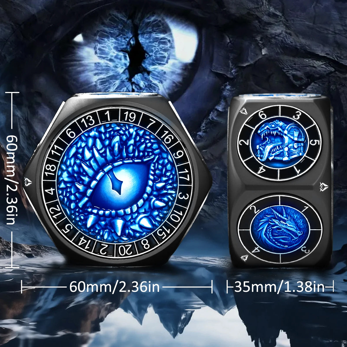 A set of 8 metal spinner dice featuring an eye design, displayed against a dark, moody background.