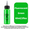 A green bottle of fluorescent acrylic paint labeled 60ml/2floz with a green background.