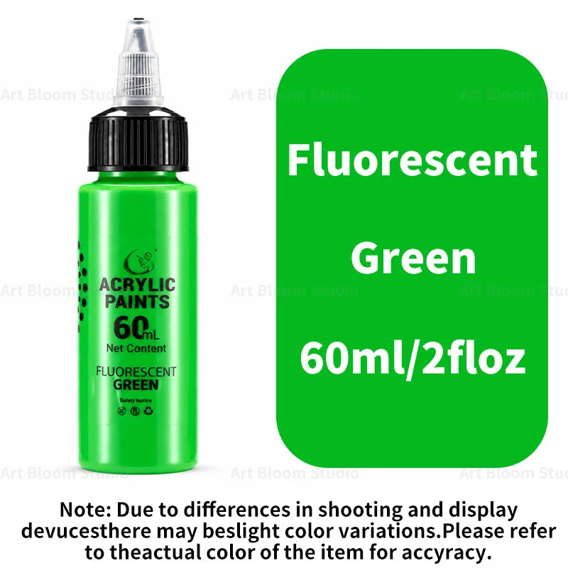 A green bottle of fluorescent acrylic paint labeled 60ml/2floz with a green background.
