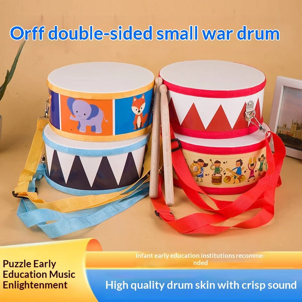 Orff double-sided small war drum set with carry straps and colorful designs for infant education