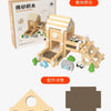 A wooden log cabin building kit shown with assembled parts and packaging details.