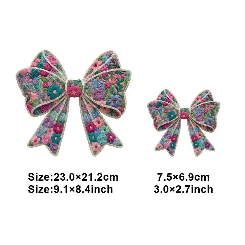 Floral letter bow iron-on patches for DIY clothing and accessories in various pastel colors
