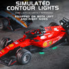 A red mini F1 racing RC drift car with simulated contour lights is shown on a dark surface.