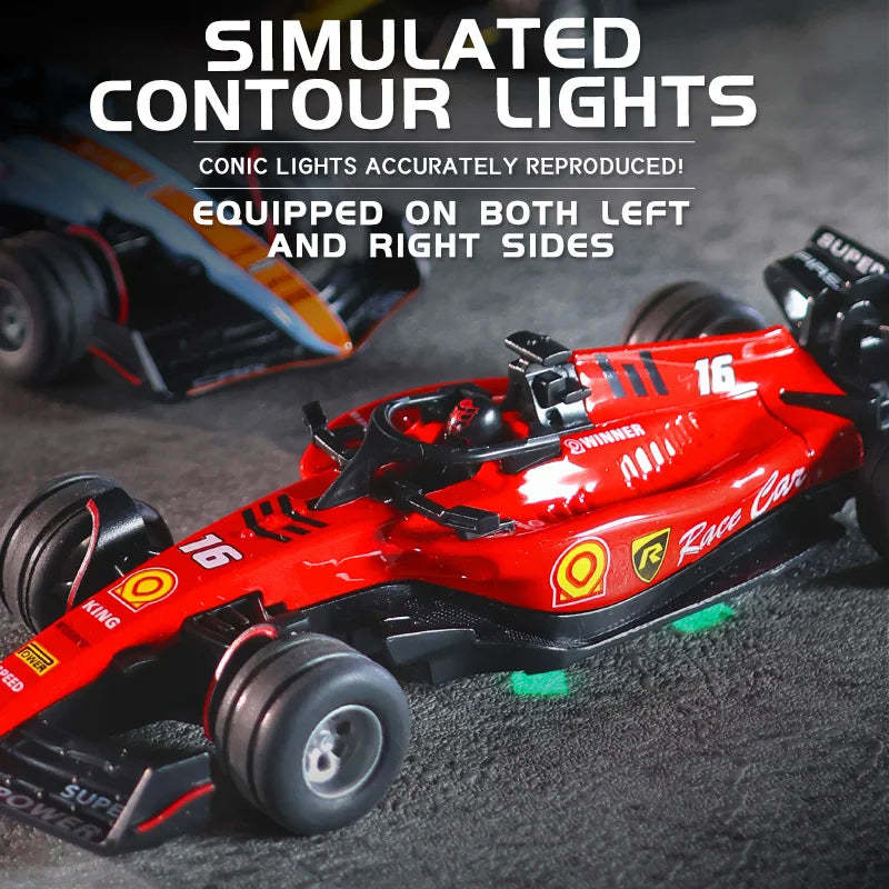A red mini F1 racing RC drift car with simulated contour lights is shown on a dark surface.
