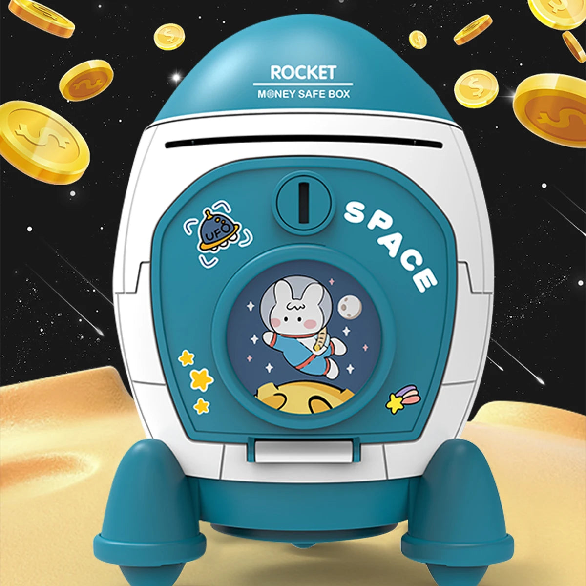 A blue and white rocket shaped piggy bank with a pig face inside, set against a space background.