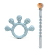 Light blue silicone baby teether with chew beads and a wooden handle