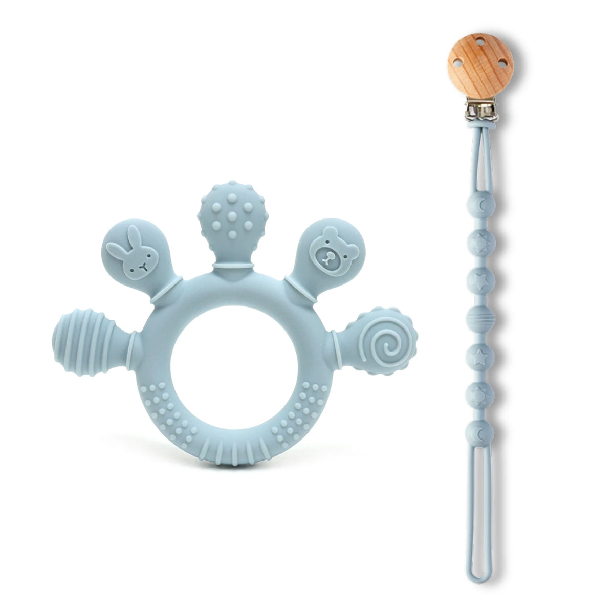 Light blue silicone baby teether with chew beads and a wooden handle