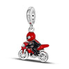 Sterling silver charm bead pendant depicting a red and black motorcycle.