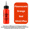 A bottle of fluorescent orange acrylic paint labeled as Fluorescent Orange Red