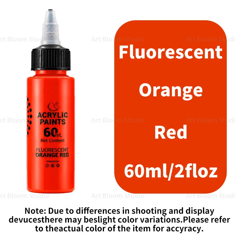 A bottle of fluorescent orange acrylic paint labeled as Fluorescent Orange Red