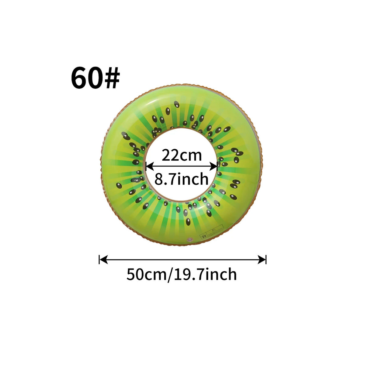 A green inflatable pool float ring with a fruit pattern, measuring 50cm/19.7inch in diameter and 22cm (8.7inch) across.