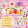 A variety of cute squishy toys including paw prints, hearts, animals, and yellow stress relief toys are displayed on a pink b