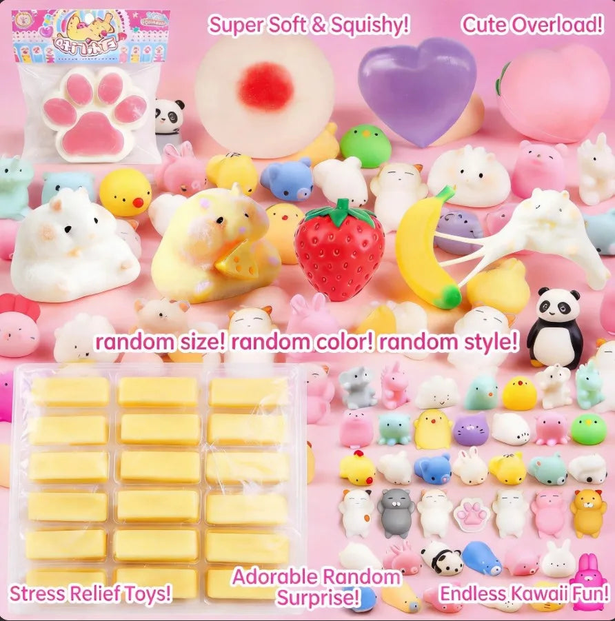 A variety of cute squishy toys including paw prints, hearts, animals, and yellow stress relief toys are displayed on a pink b