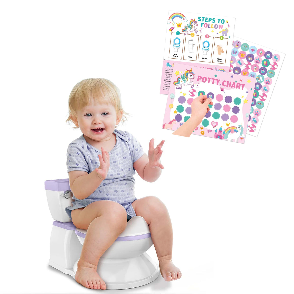 A baby sitting on a toilet while looking at a potty chart and reward stickers for potty training.