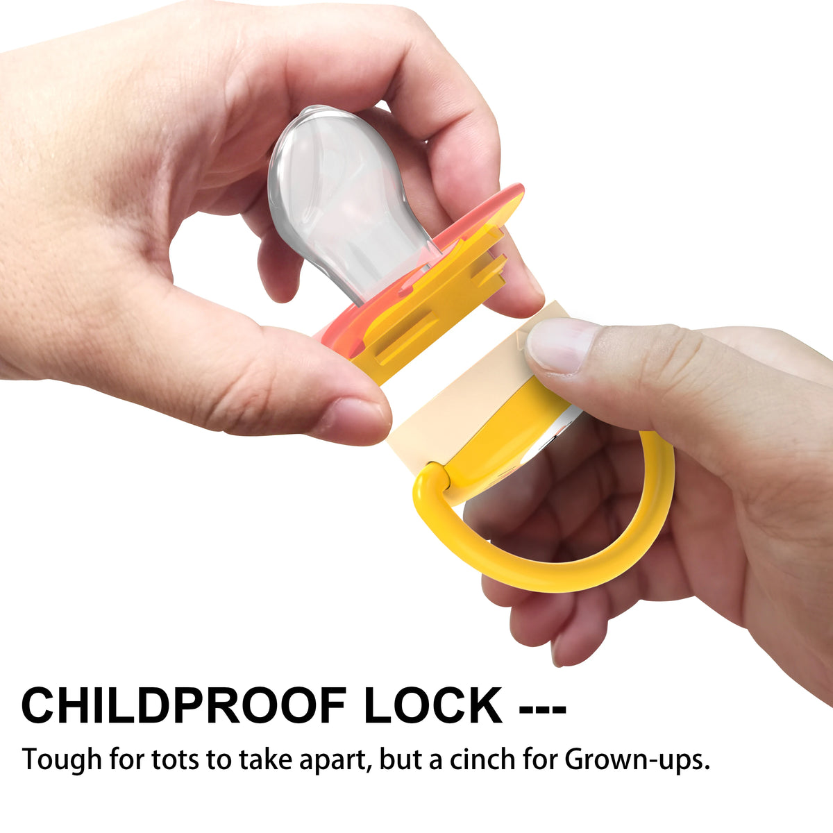 A hand is holding a yellow and orange silicone pacifier set with a clear teat, demonstrating a childproof lock mechanism.