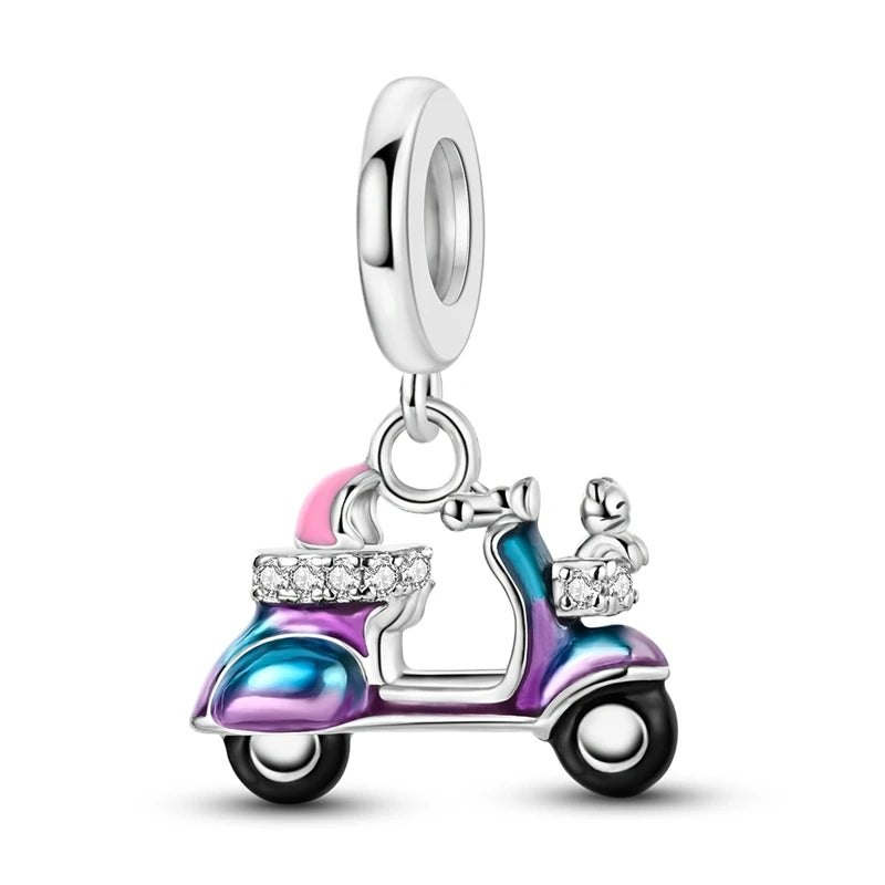 Sterling silver charm bead pendant featuring a car, key, and other charms.