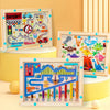 A wooden magnetic color sorting maze puzzle board with various colored pieces and a winding track for toddlers.