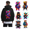 A black hoodie featuring a colorful graffiti bear graphic and various iron-on patches of bears.
