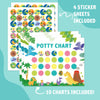 Four sheets of potty chart stickers included for toddler potty training rewards.