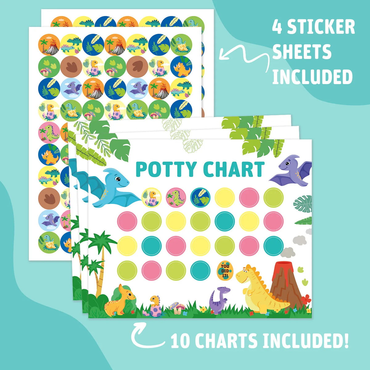 Four sheets of potty chart stickers included for toddler potty training rewards.