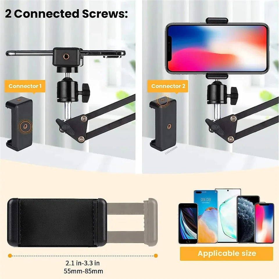 A flexible gooseneck arm tripod with two connectors is shown alongside a phone mount and a flexible grip.