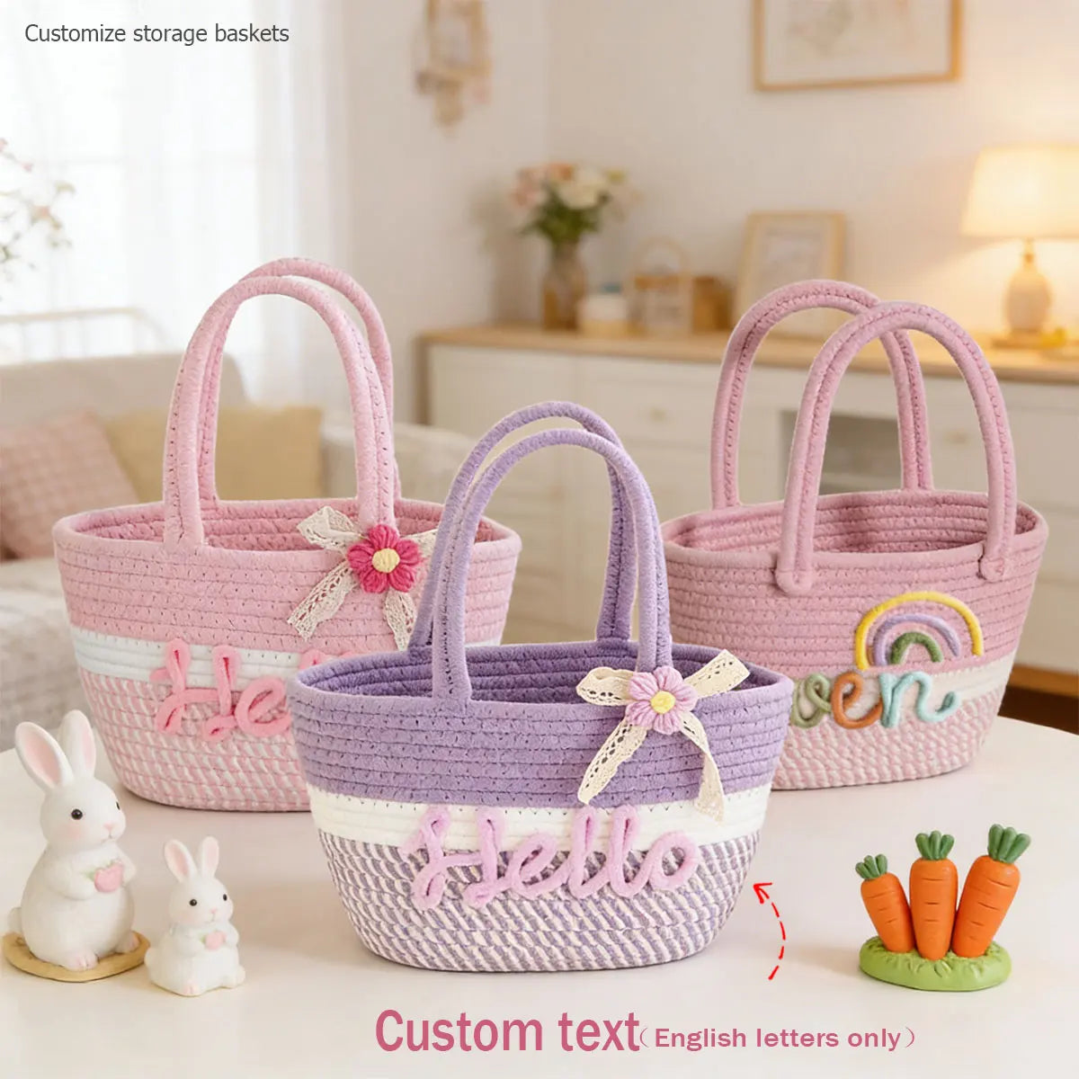 A set of purple and pink braided cotton storage baskets with custom text