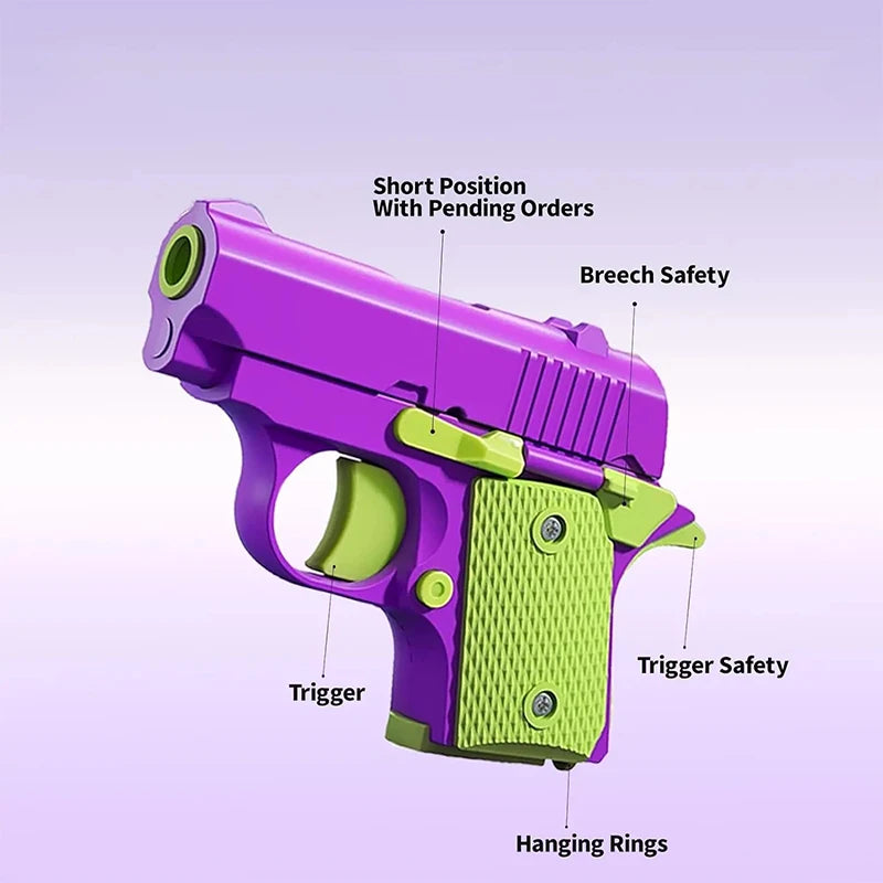 A purple fidget pistol toy with various safety features and hanging rings shown in a side view.
