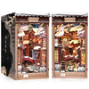 A detailed 3D wooden book nook kit featuring traditional architecture and LED lighting.