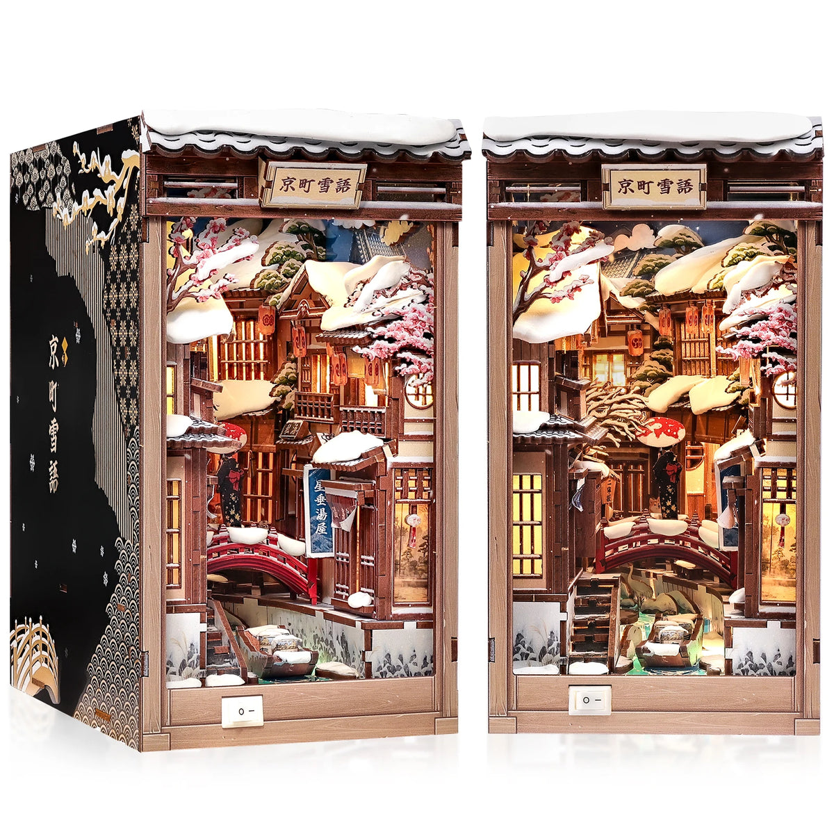 A detailed 3D wooden book nook kit featuring traditional architecture and LED lighting.