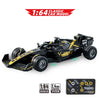 A black 1:64 classic car model racing RC drift car with yellow accents and a remote control system.