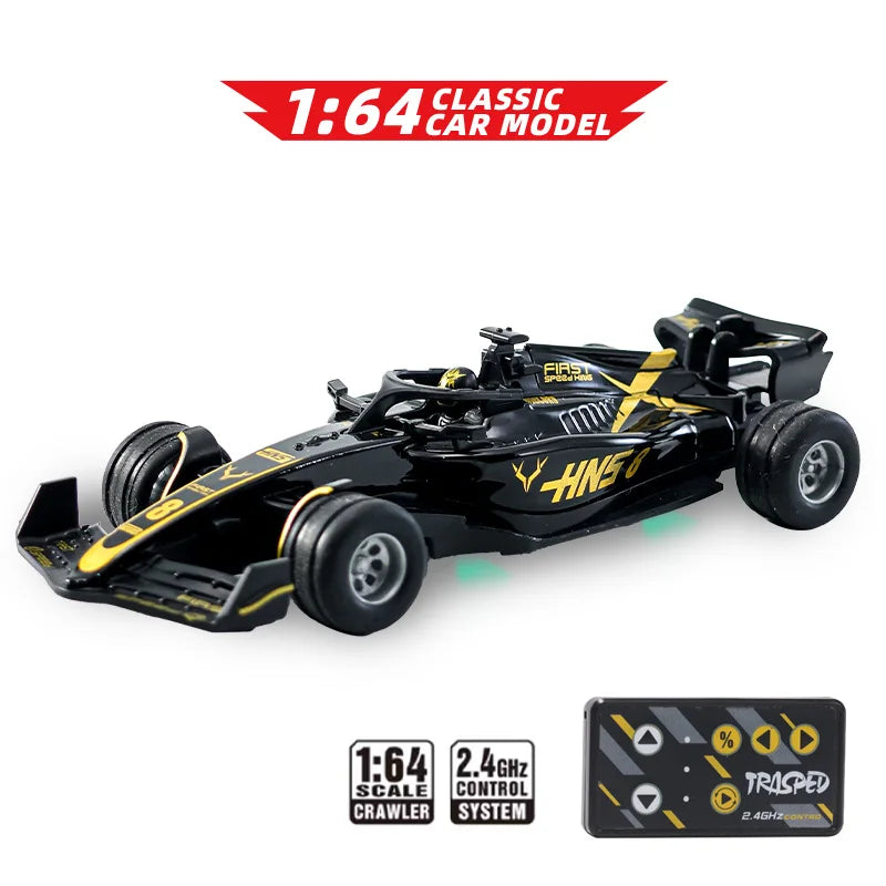 A black 1:64 classic car model racing RC drift car with yellow accents and a remote control system.