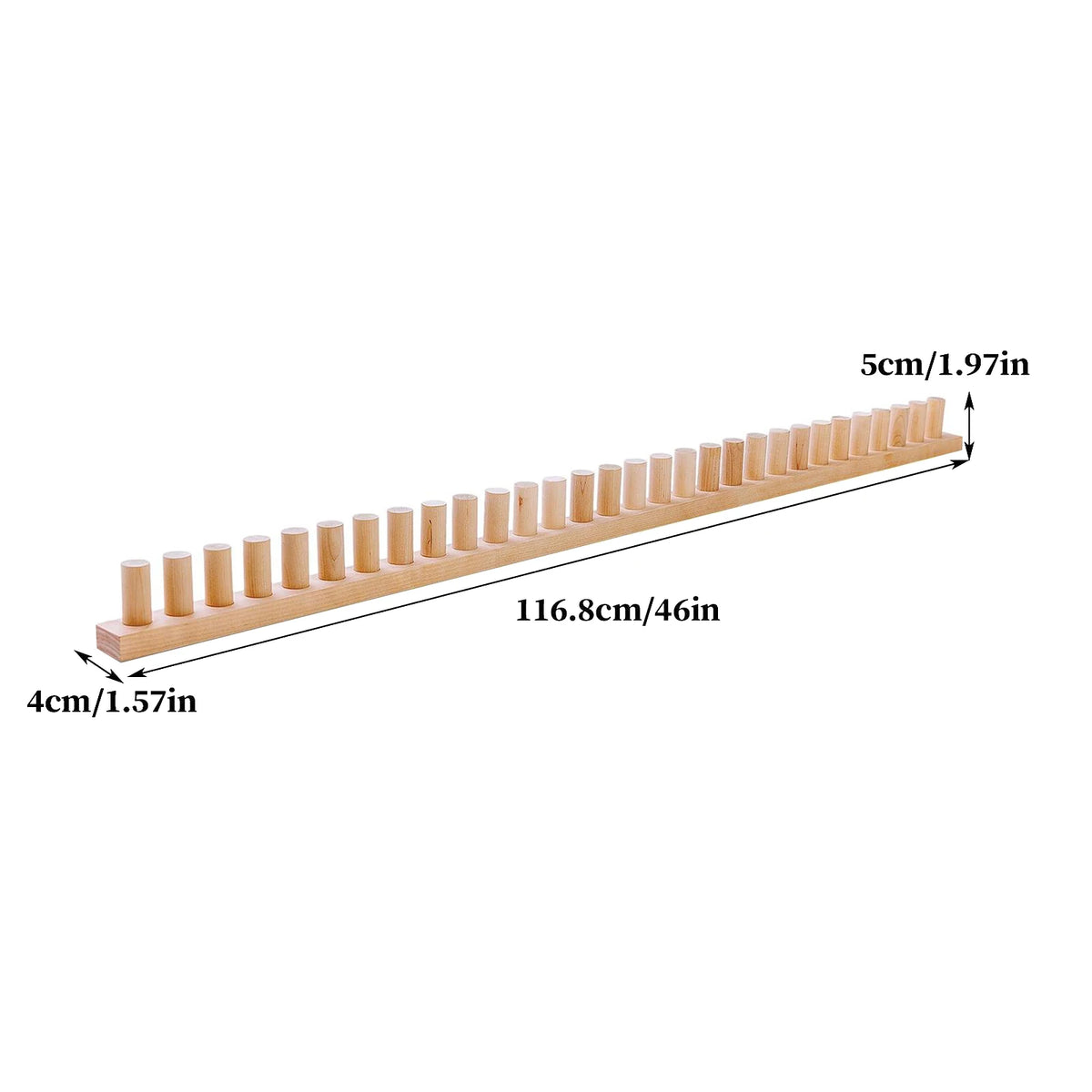 A wooden knitting loom with 116.8cm length and 5mm spacing for making chunky blankets.