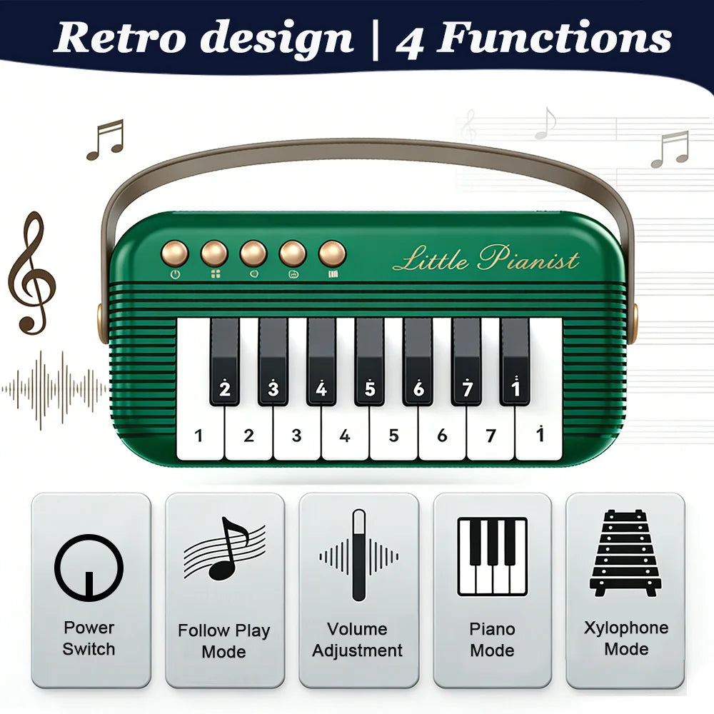 A green mini piano keyboard with numbered keys and various function buttons for a musical toy.
